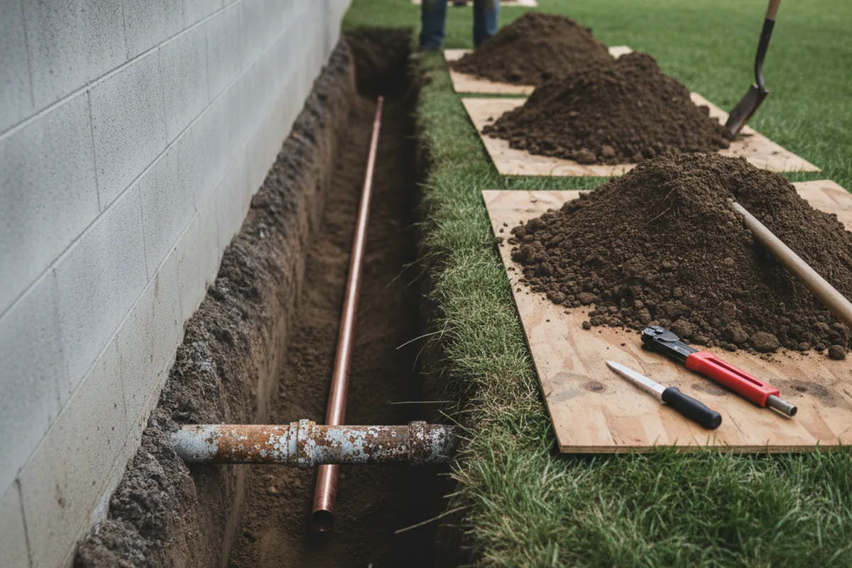 Excavated water line trench during Water Heater Repair in Granger